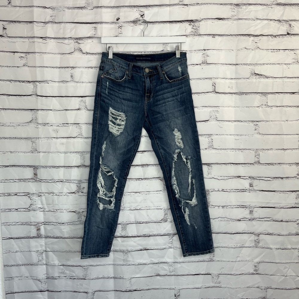 Rock & Republic Dark Wash Straight Leg Jeans Mid Rise Distressed 28x26 Y2K Denim